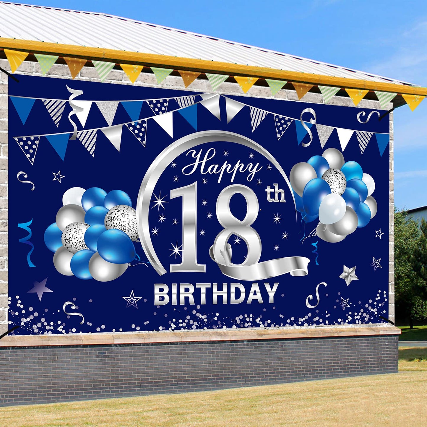 Blue Silver 18Th Birthday Banner Decorations For Men Boy - Happy 18 Birthday Backdrop Party Supplies - Eighteen Birthday Poster