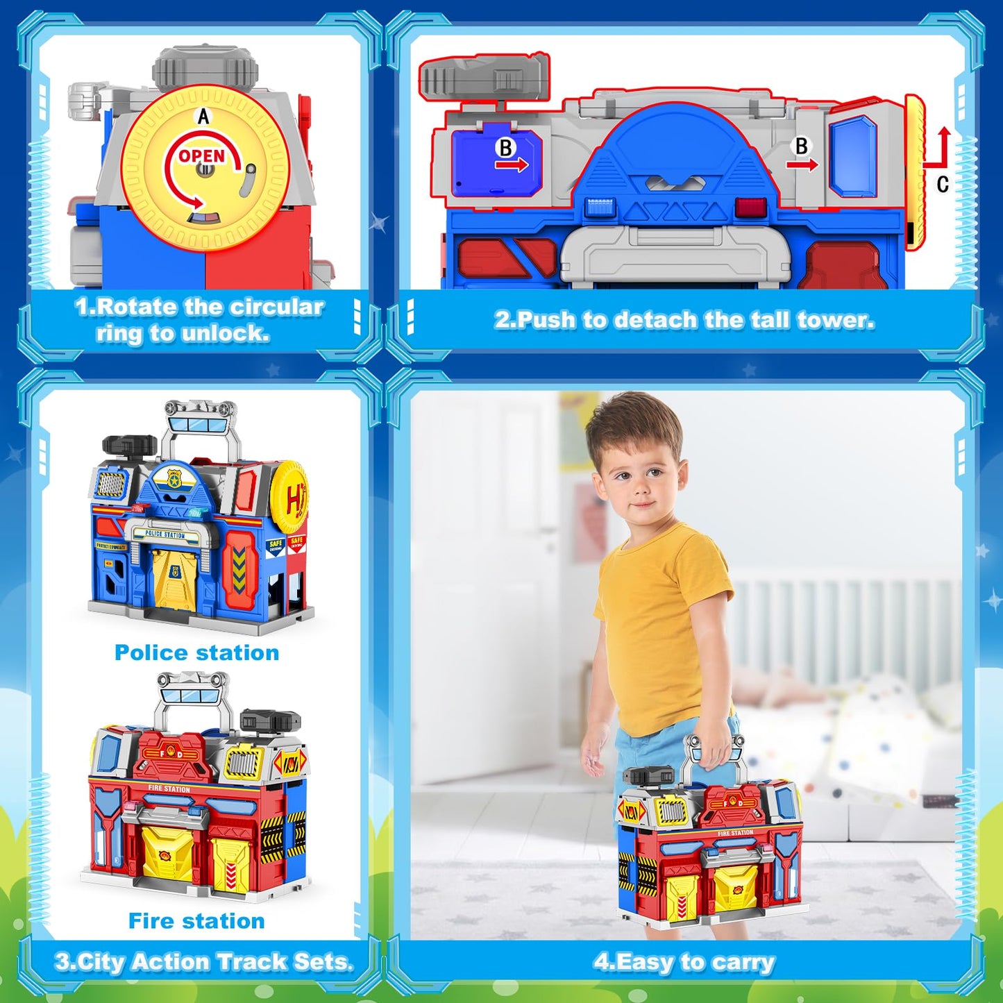 Ochido Boys Toys For 3 4 5 6 Years Old,Large City Action Playset Kit With Lights Sounds,Walkie-Talkie,Foldable Police & Fire Station Transform Track Toy With 4 Cars,Helicopter,7 Accessories