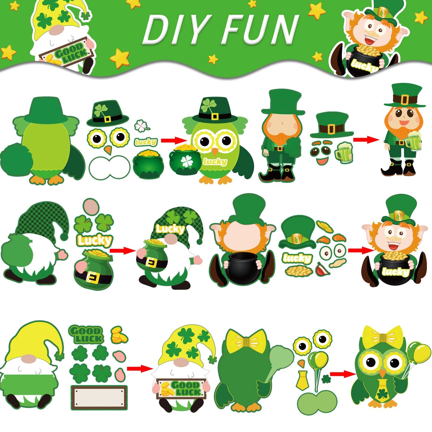 Chiazllta 30 Pcs St. Patricks Day Craft Kits For Kids Diy Leprechauns Shamrock Owl Gnome Sticker Craft Ornament St. Patricks Art