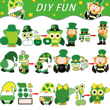 Chiazllta 30 Pcs St. Patricks Day Craft Kits For Kids Diy Leprechauns Shamrock Owl Gnome Sticker Craft Ornament St. Patricks Art