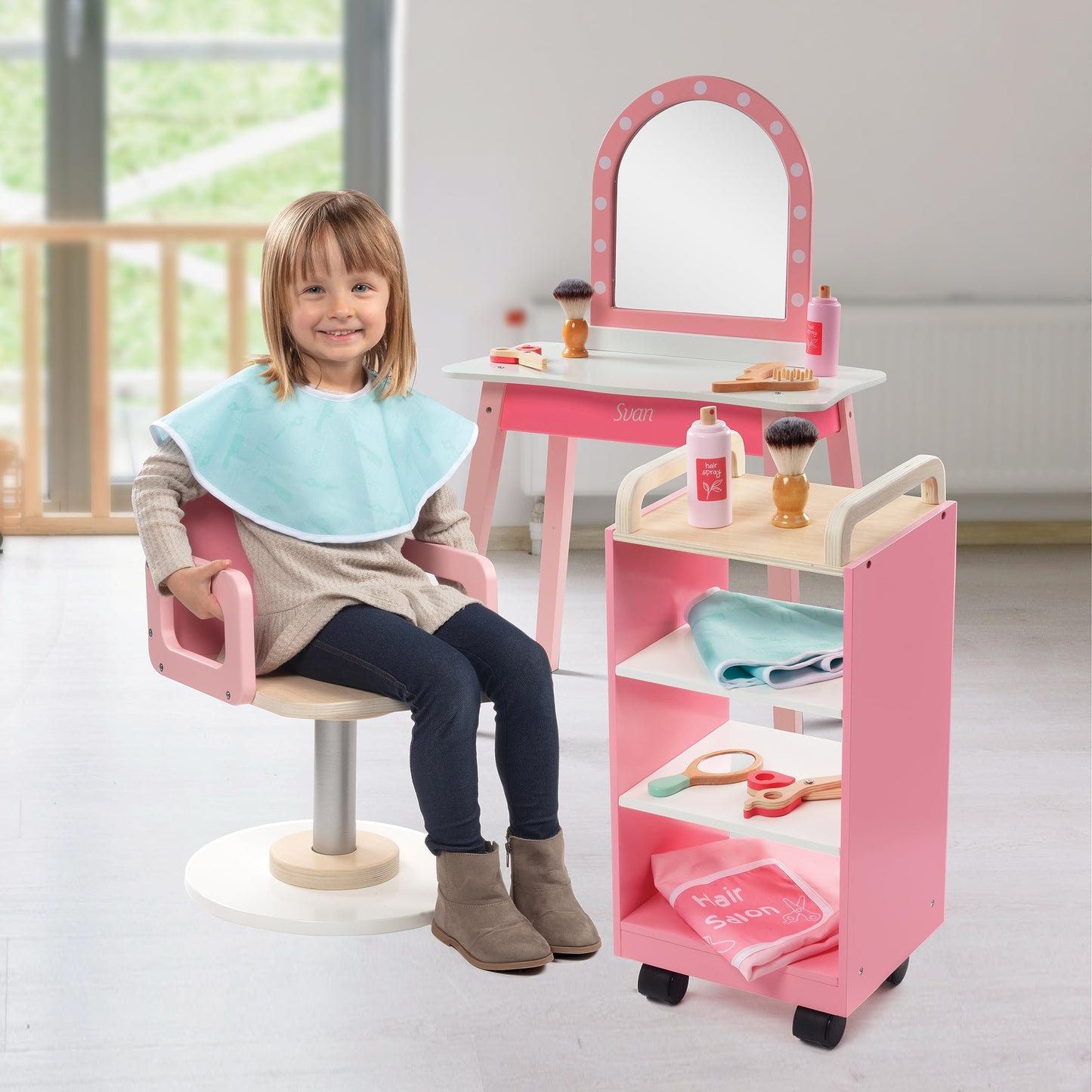 Pretend Hair Salon Wooden Play Set- Full Vanity Mirror W Chair & Rolling Cart- Playset Includes Blow Dryer, Brush, Styling, Cutt