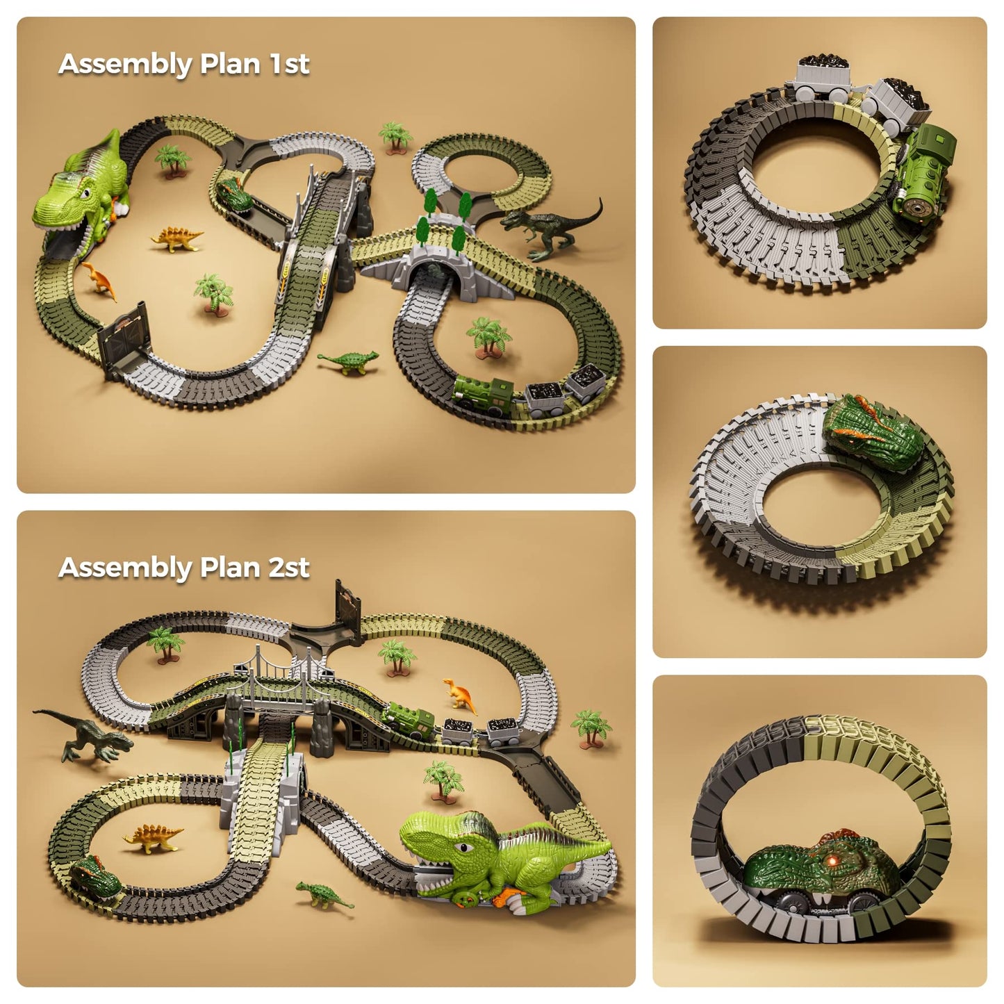 TUMAMA Dinosaur Toys Race Track Set - 281 Pcs with 4 Dinosaurs, 2 Electric Cars, Flexible Tracks - One Size, Blue/Red