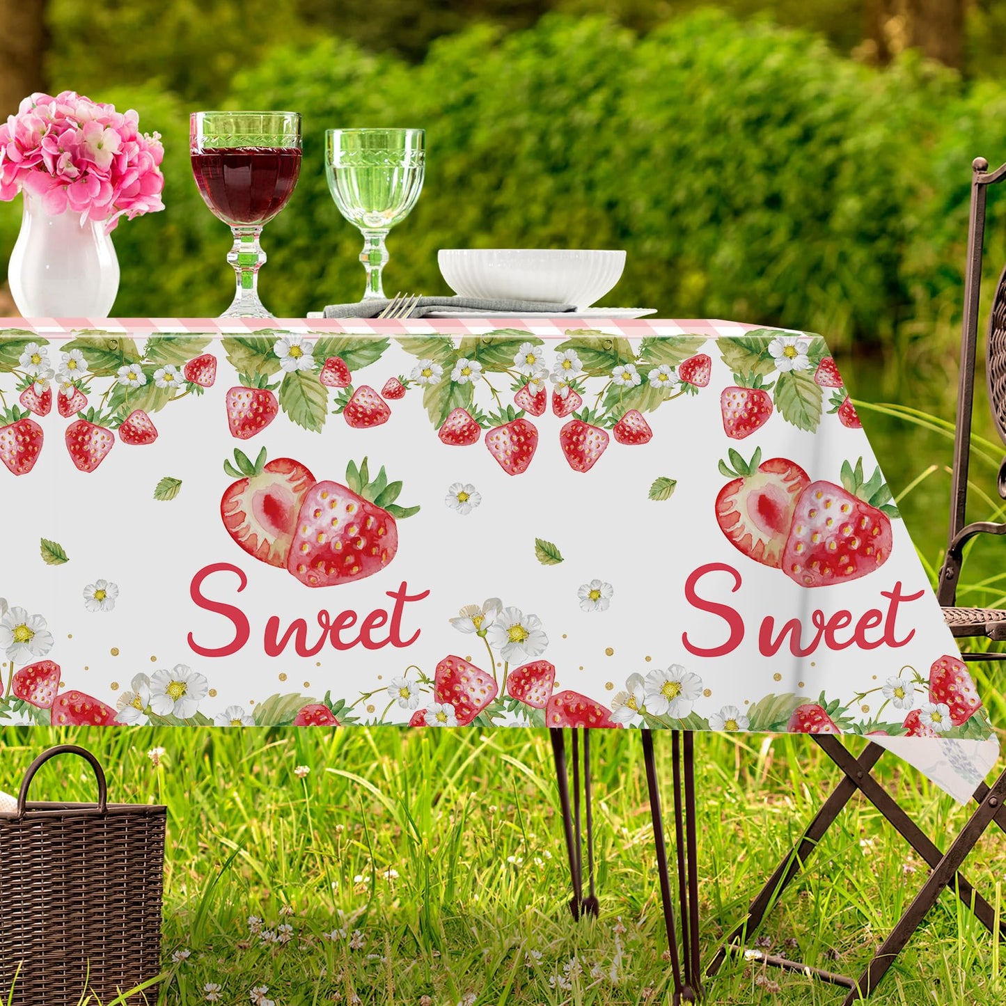 Lianxuia 3Pcs Strawberry Tablecloth, 54 X 108 Inch Pink Checkered Plastic Tablecloth, Berry Sweet One Table Covers For Baby Show