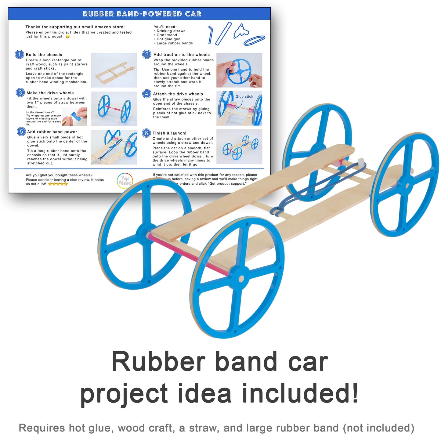 Large Plastic Project Wheels And Axles, For Mousetrap Car And Rubber Band Car Projects, 20 Wheels, 20 Rubber Bands, 10 Dowels