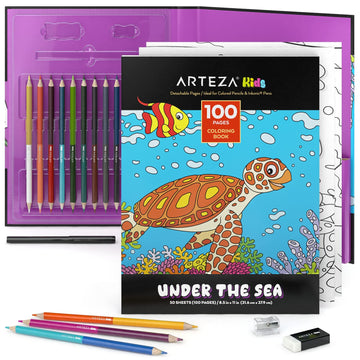 ARTEZA Kids Coloring Book and Colored Pencils Kit, 8.5x11 Inches, Sea Creature Illustrations, 50 Double-Sided Coloring Sheets, 1