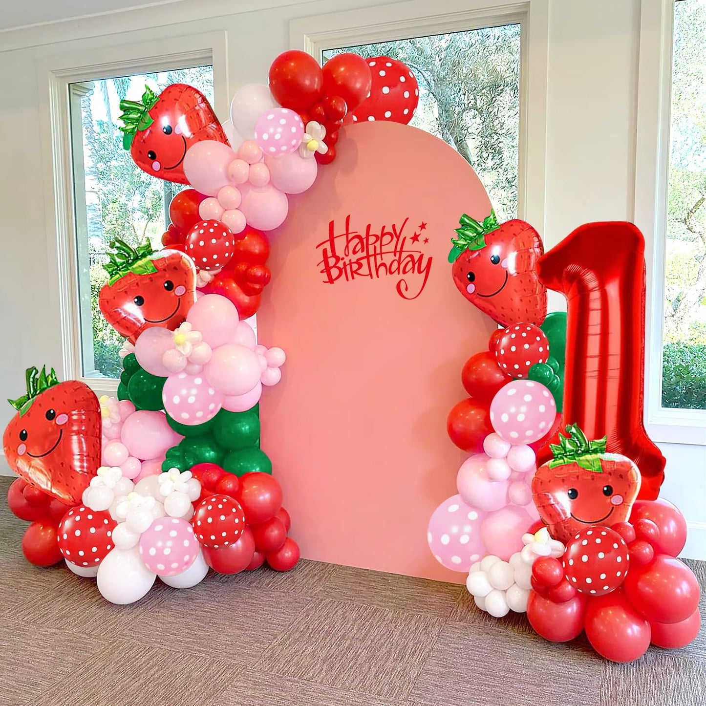 Strawberry Party Decoration Balloon Garland Arch Kit, 143Pcs Red Pink Balloons Strawberry Foil Balloons For Sweet One Boy Girl B