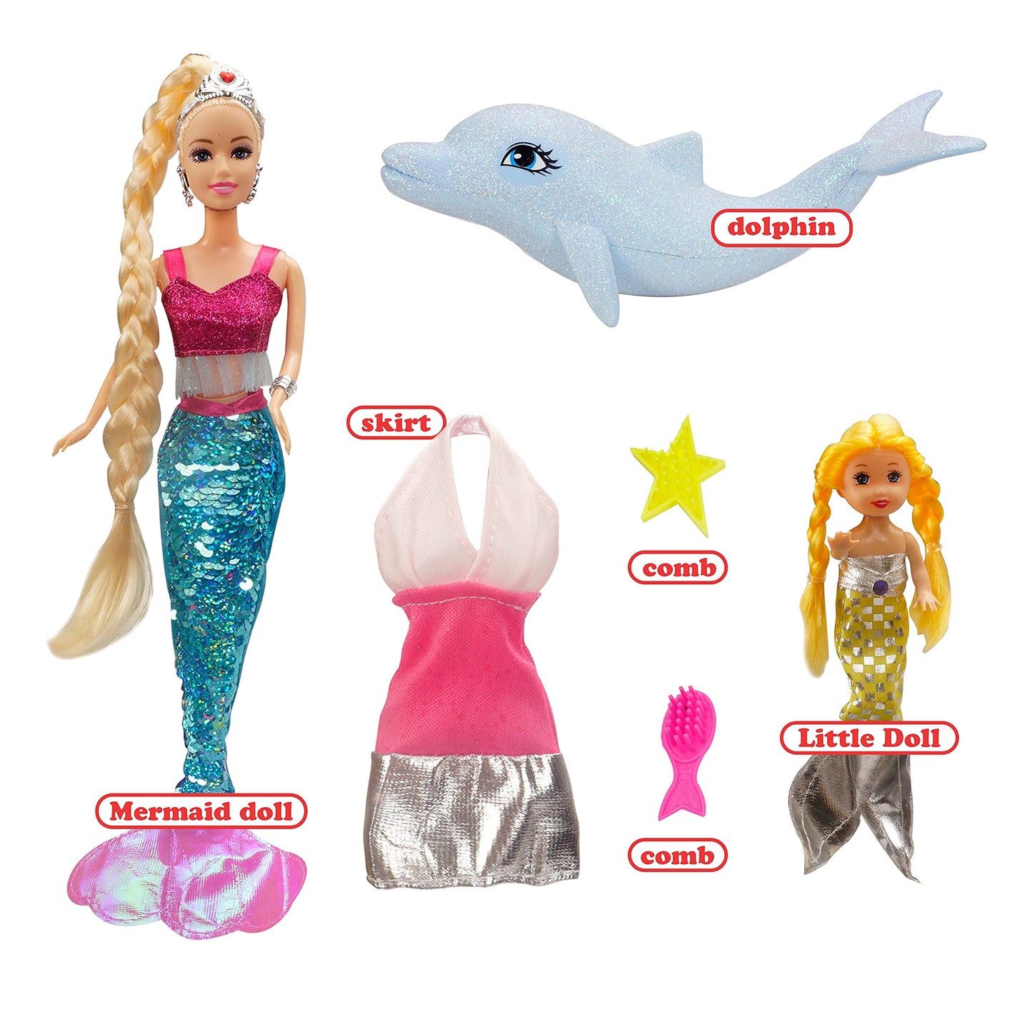 Bettina Mermaid Princess Doll Playset, Temperature Color Change Mermaid Tail, Dressing Up Doll 12'' And Crystal Light Red Dolphi
