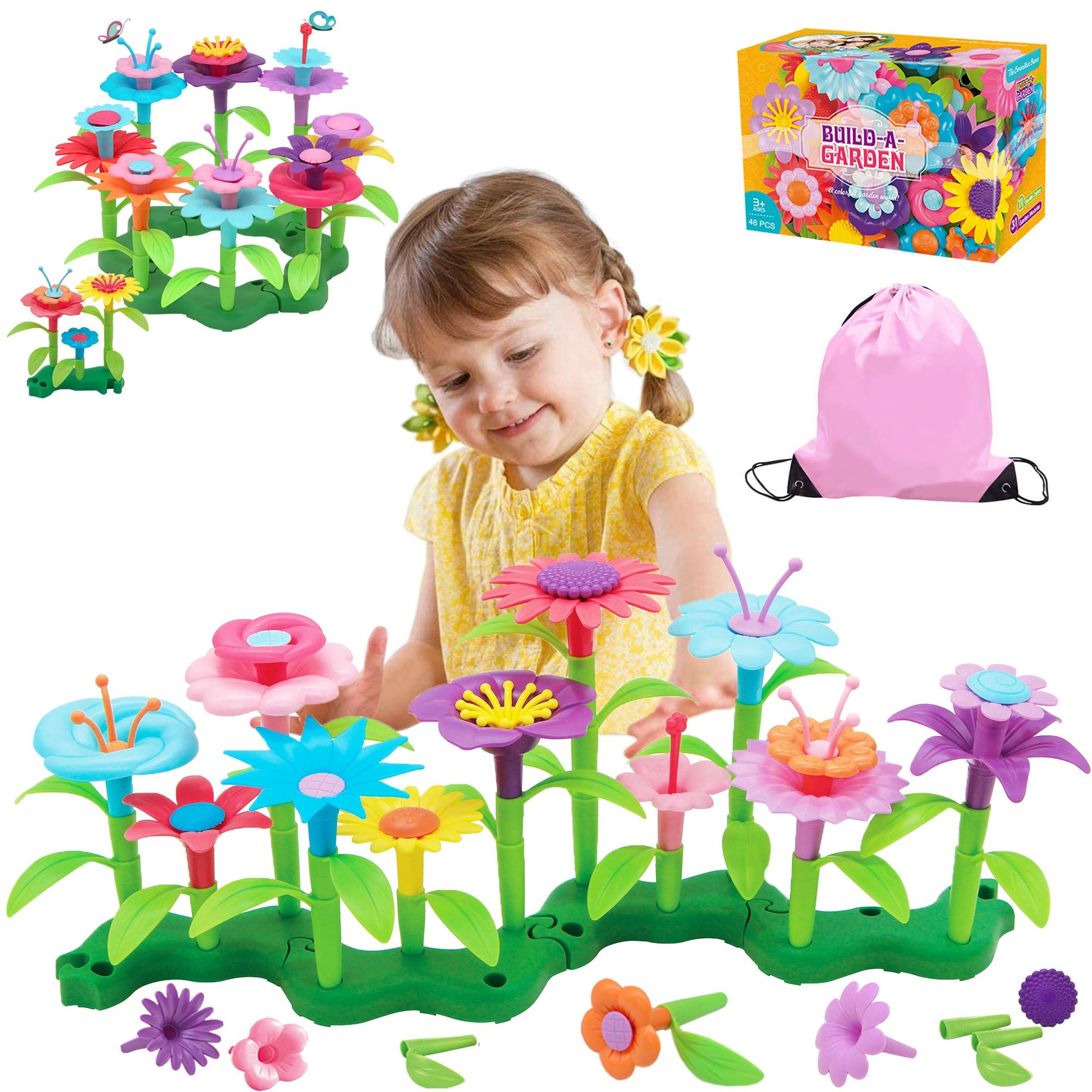 Flyingseeds 46 Pcs Flower Garden Building Toys For Girls, Stem Toy Gardening Pretend Play Set For Kids, Girls Favor Stacking Game For Toddlers, Preschooler Age 3 4 5 6 7 8 Year Old