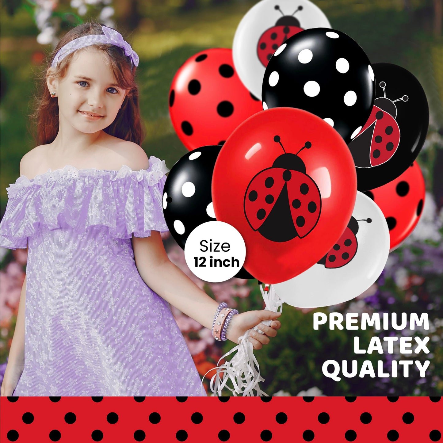 Ladybug 12'' Birthday Party Balloons 50 Pcs | Red Black Polka Dots Ladybug Design Premium Latex Balloons | Perfect For Ladybug B