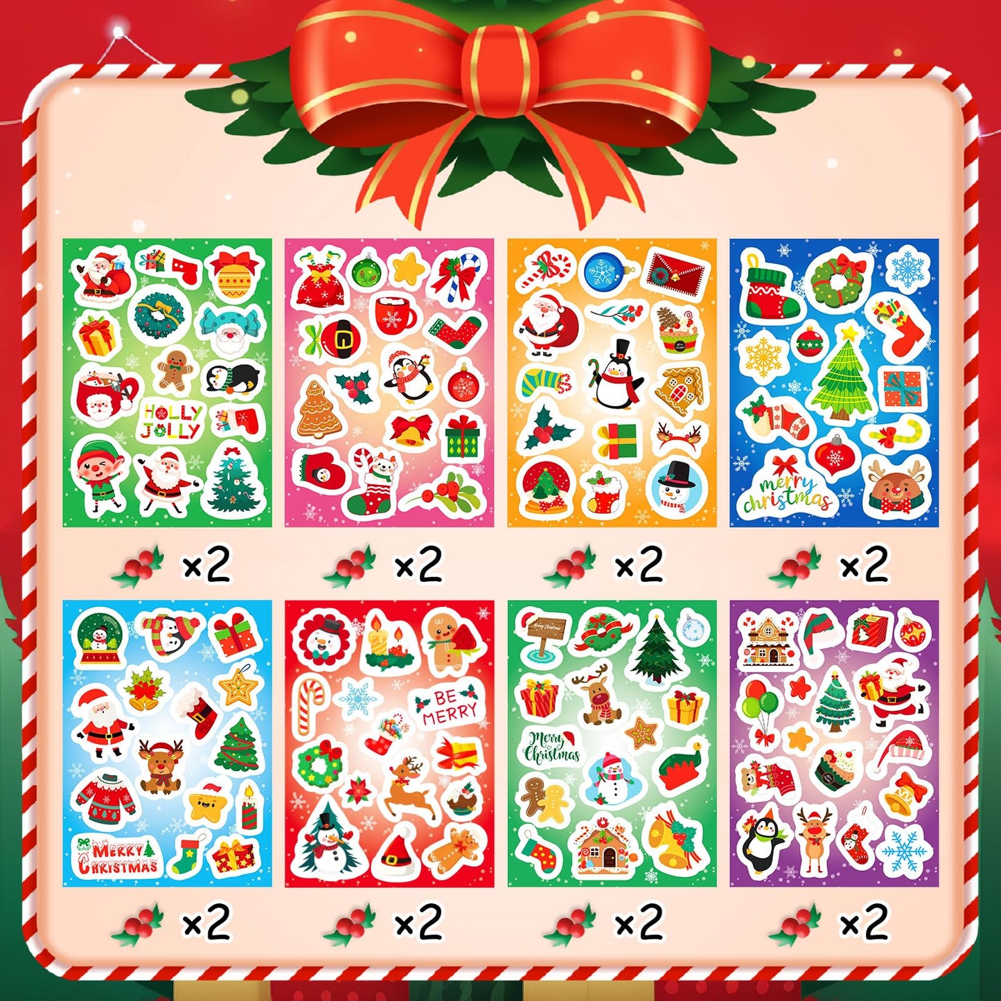 JULMELON 240 PCS Cute Christmas Stickers - Assorted Santa, Snowman, Tree Designs - Bulk Pack for Kids, Classroom, Party Favors,
