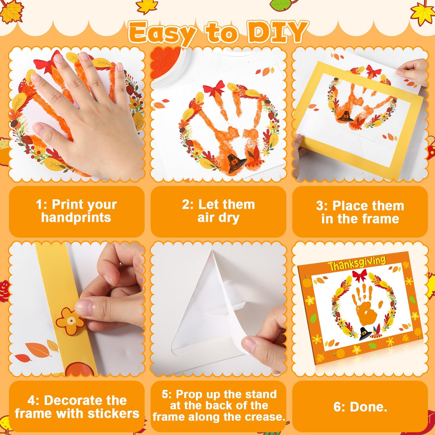 24 Sets Thanksgiving Handprint Crafts Kits for Kids DIY Thanksgiving Hand Keepsake Craft with 3 Large Ink Pads Fall Palm Paintin