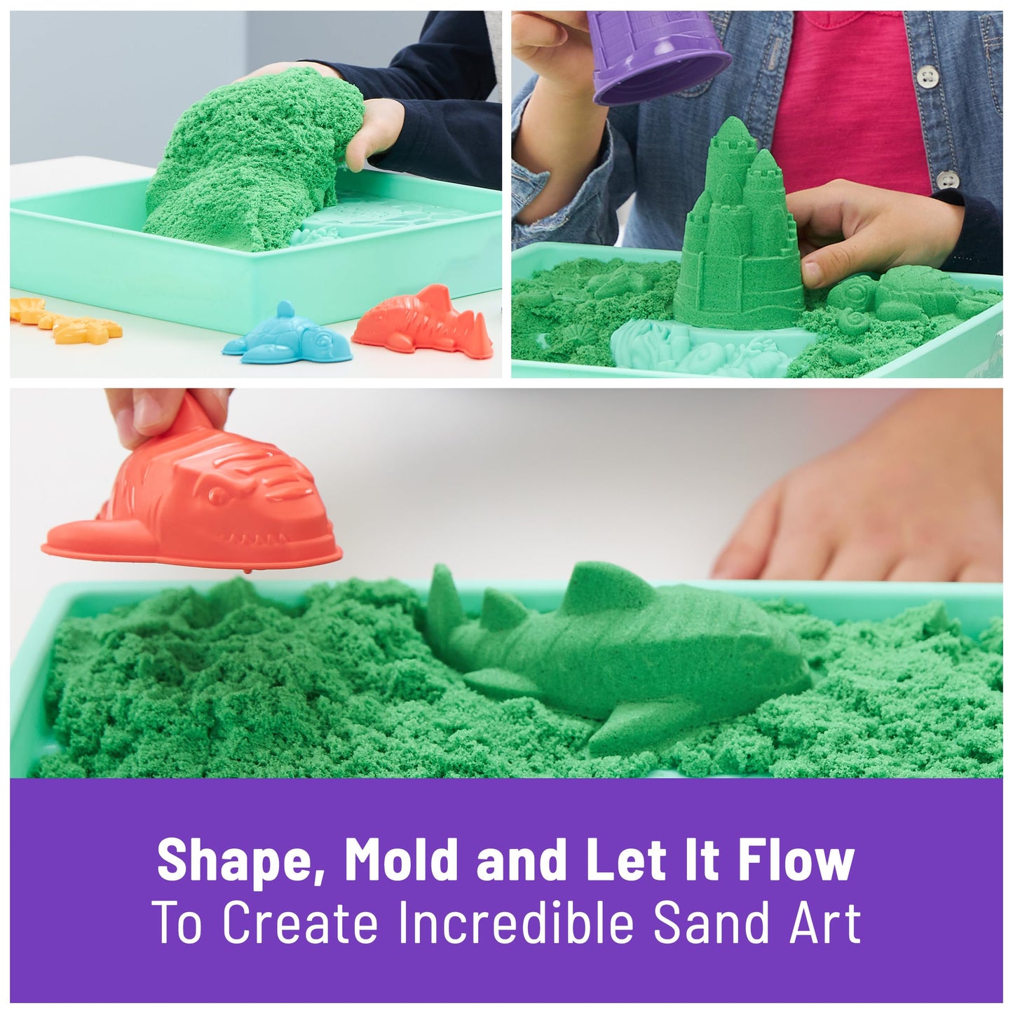 Kinetic Sand, Sandbox Set with 1lb Green Play Sand, 4 Tools & Molds, Storage, Sensory Toys for Kids Ages 3 and up