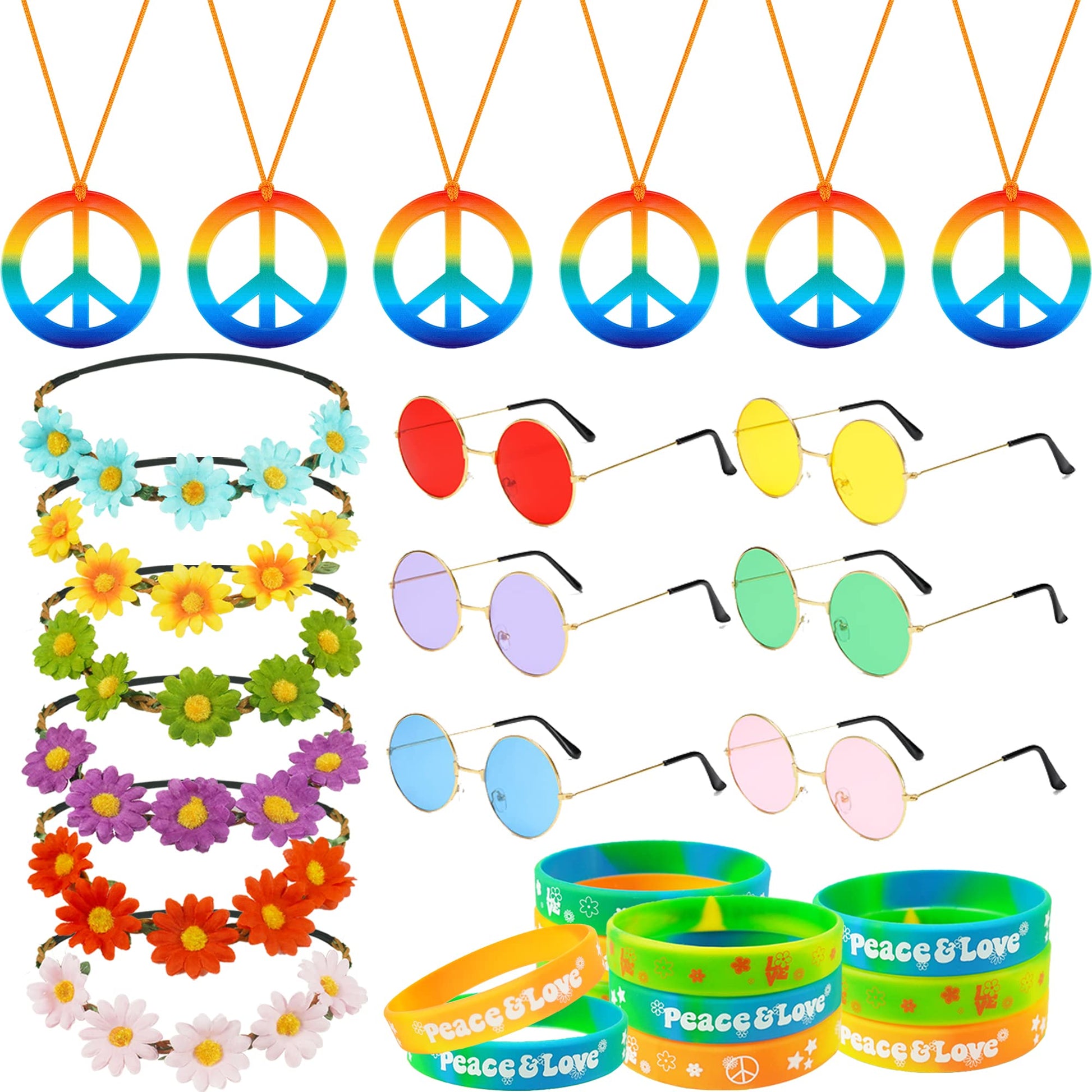 BANBALLON 30 PCS Hippie Party Favors Retro Round Sunglasses Daisy Flower Headbands Peace Sign Necklaces Silicone Bracelets For 6