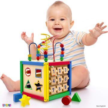 Play22 Wooden Activity Play Cube 6-in-1 for Baby, Removable Bead Maze, Shape Sorter, Abacus, Stacking Cups, Multicolor, Model 6013