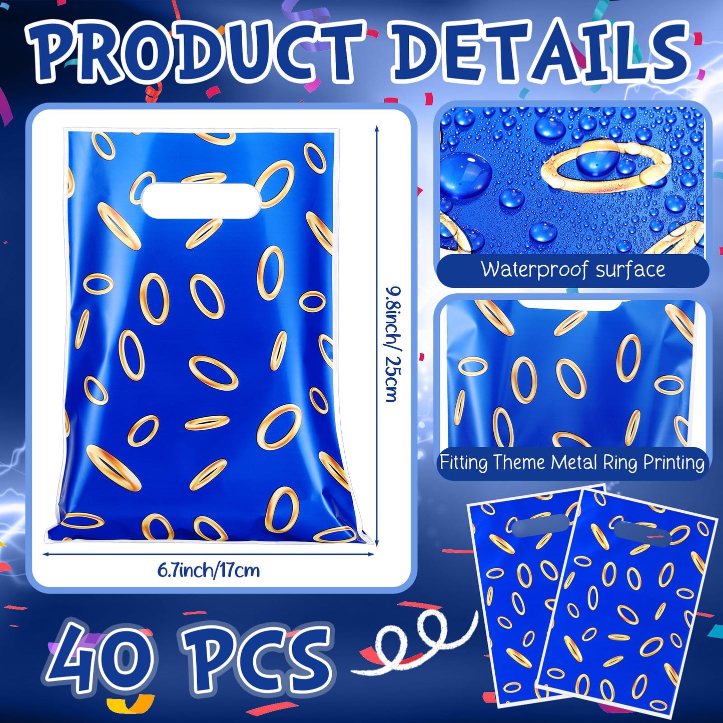Faccito 40 Pcs Video Game Party Favors Bags Blue with Gold Ring Print Themed Goodie Bags Candy Snack Treat Plastic Supplies for