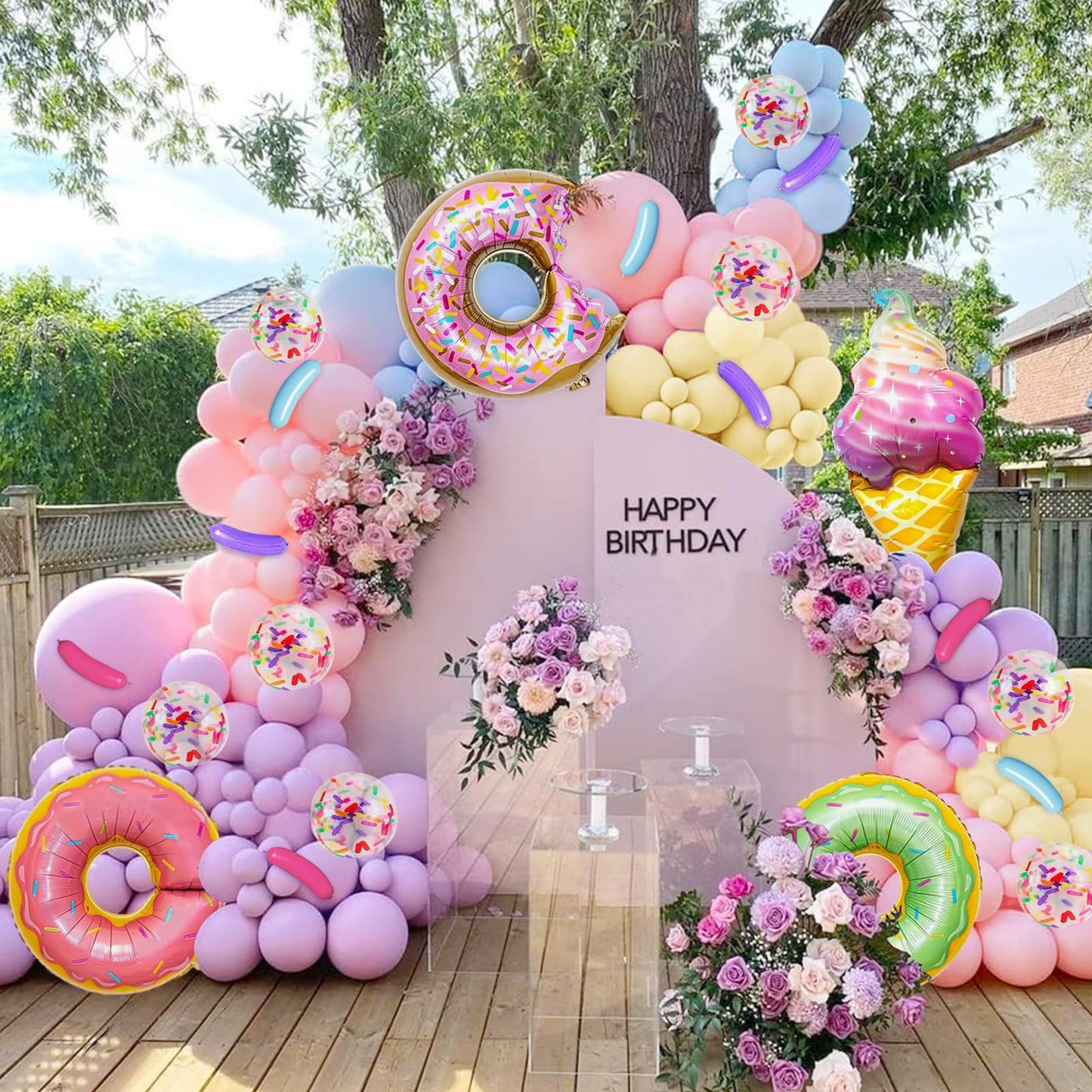 163Pcs Pastel Donut Balloon Arch Garland Kit, With Pastel Rainbow Balloon, Sprinkle Confetti And Ice Cream Foil Balloons For Swe