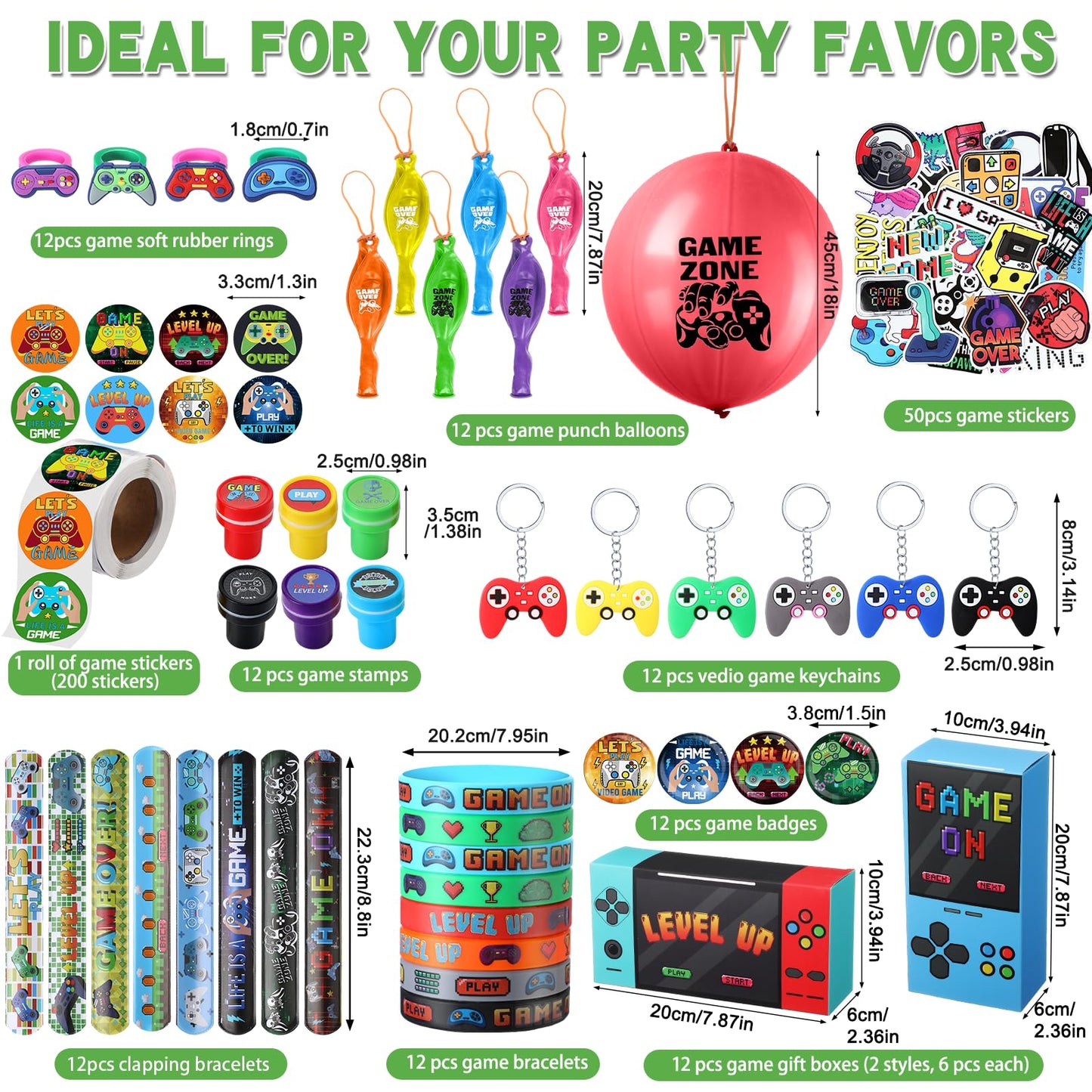 HyDren 147 Pcs Video Game Party Favors Includes Video Game Goodie Treat Boxes Punch Balloons Silicone Bracelets Keychains Badges