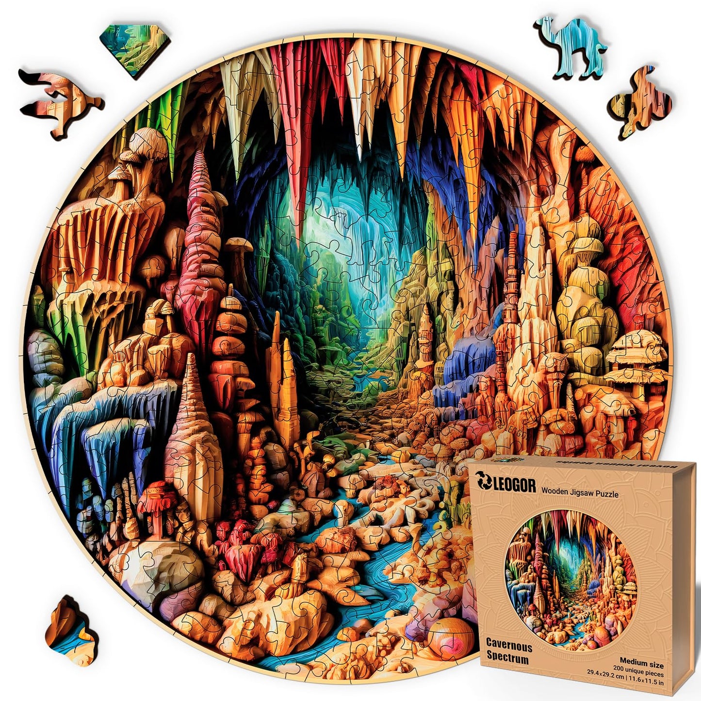 Cavernous Spectrum - 200 Piece Wooden Puzzles for mature-themeds - 11.6 x 11.5 in - Extra-Thick 5 mm Wood Puzzle  Hand-Shaped Pieces  Round Mosaic Design - enhanced Gift for Puzzle Lovers by LEOGOR