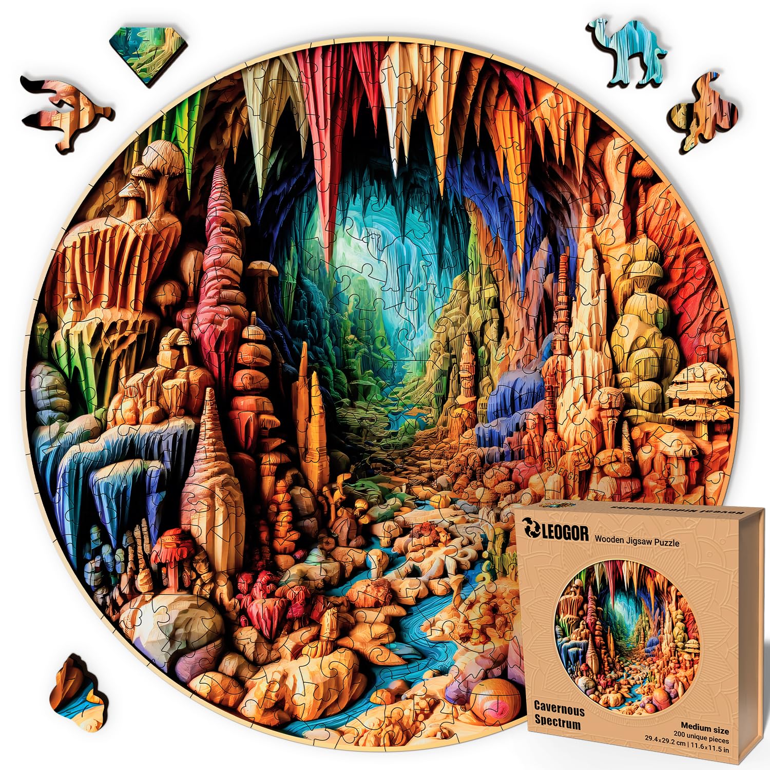 Cavernous Spectrum - 200 Piece Wooden Puzzles for mature-themeds - 11.6 x 11.5 in - Extra-Thick 5 mm Wood Puzzle  Hand-Shaped Pieces  Round Mosaic Design - enhanced Gift for Puzzle Lovers by LEOGOR