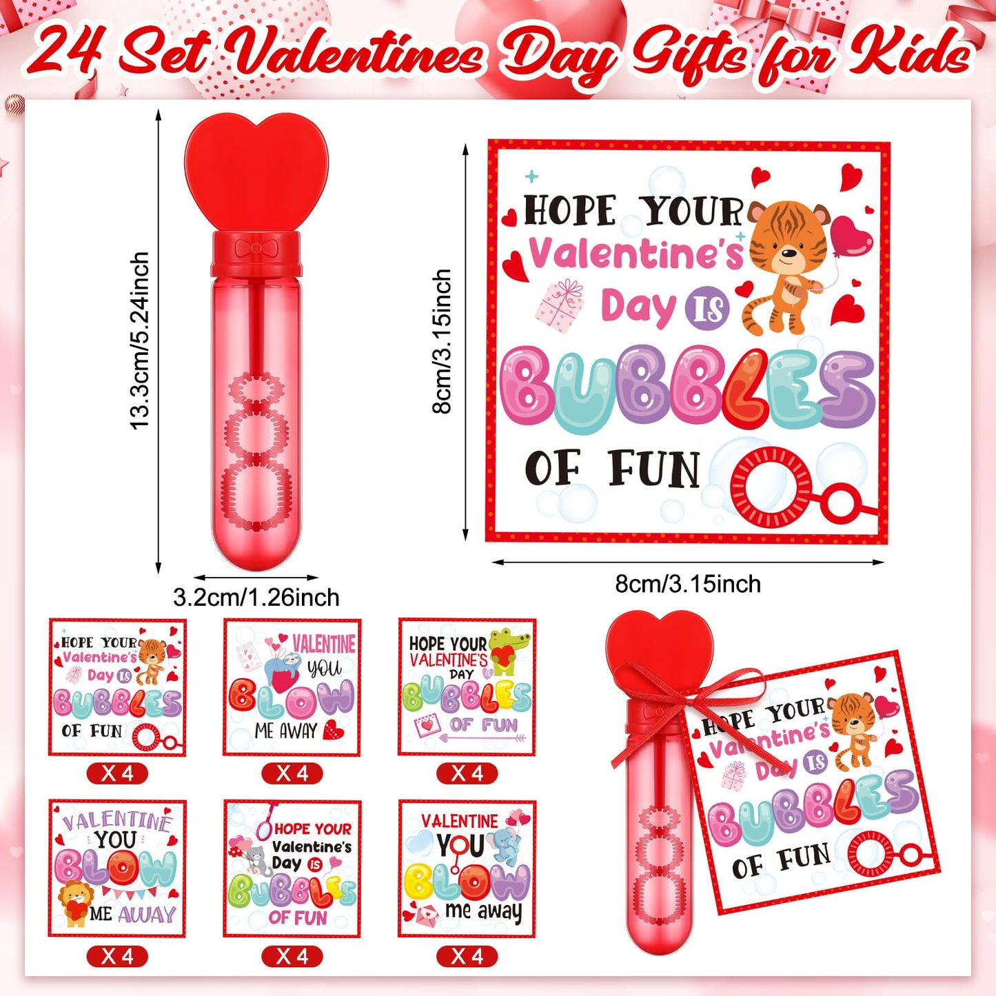 Rotatingpals 24 Set Valentines Day Gifts For Kids, Include 24 Pcs 7.9 X 0.4    Red Heart Bubble Wands With Bubbles Solution, 24
