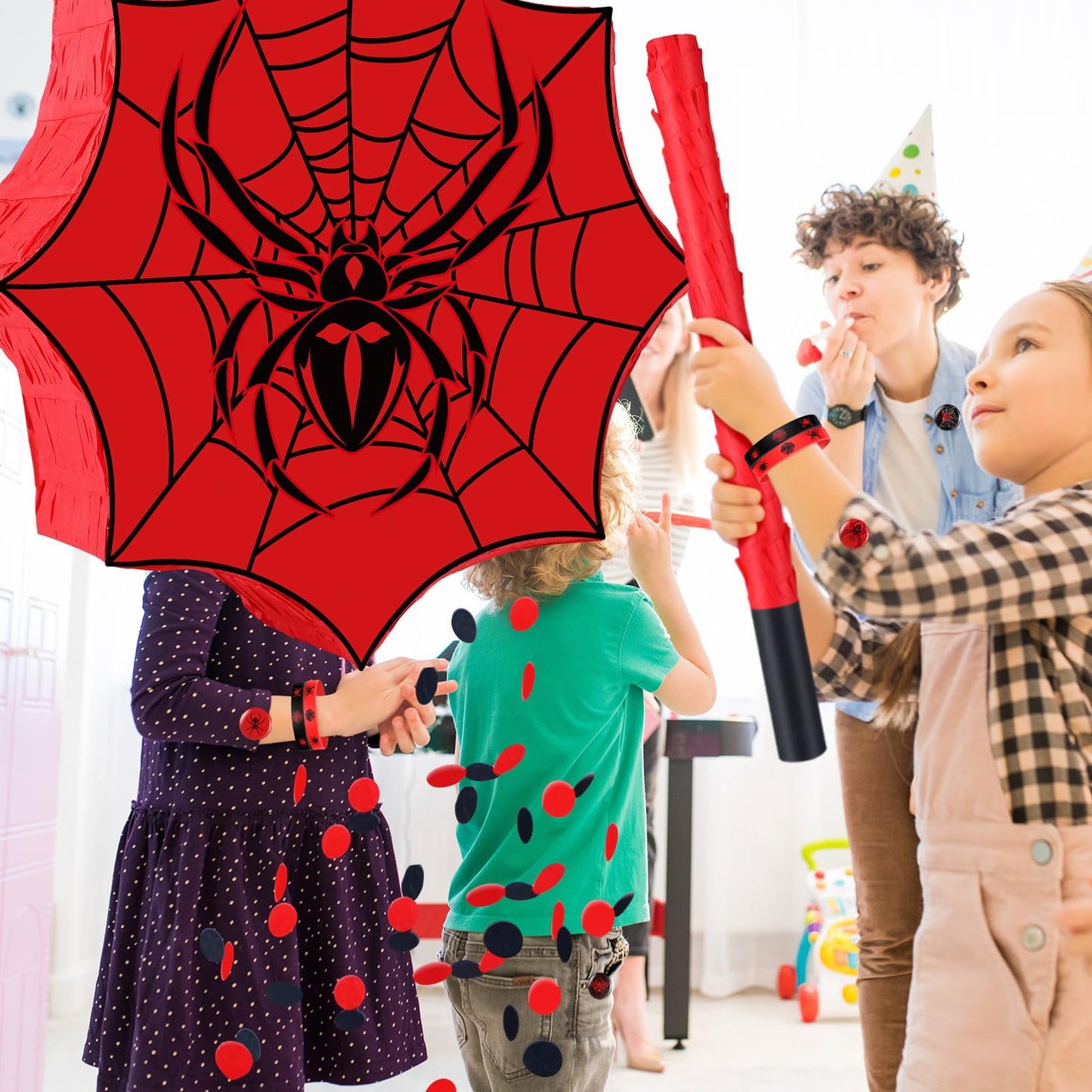 Leyndo 89 Pcs Spider Party Favors for Birthday, Includes Spider Piata with Blindfold and Stick, 11.8x11.8, 12 Keychains, 12 Wris