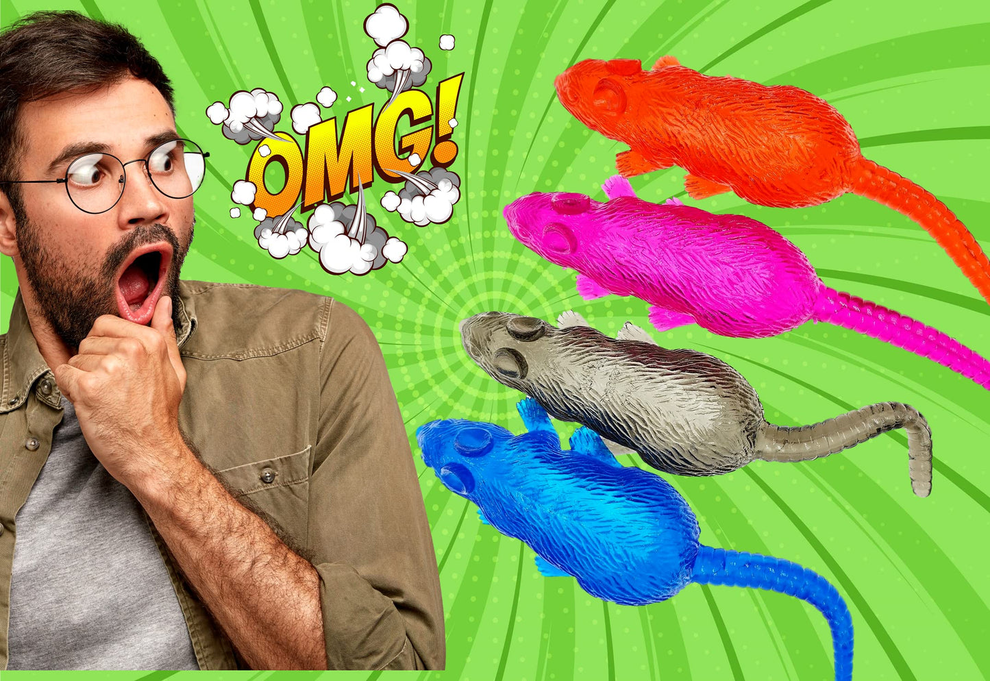 JA-RU Sticky Stretchy Rubber Rat Toys (1 Rat Toy) Squishy Sticky Fidget Toys for Kids. Funny Halloween Pranks, Joke, & Gag Gift.