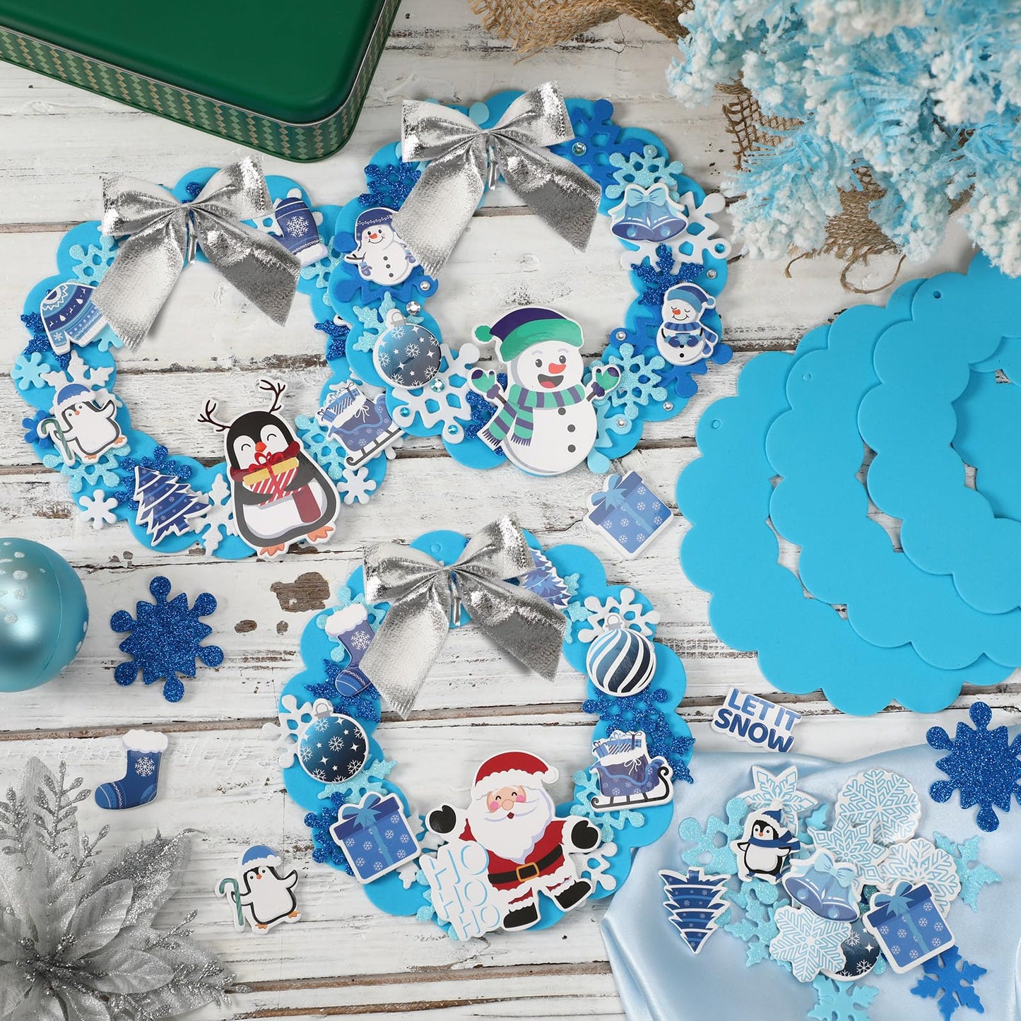 BOARDFEB 12 Sets Christmas Crafts Kits DIY Christmas Foam Wreath Crafts Winter Ornaments for Kids Snowman Santa Penguin Snowflak