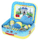 YOTTOY 23-Piece Madeline Tin Tea Set Toy, Plush Carry Case, Blue, Model 560