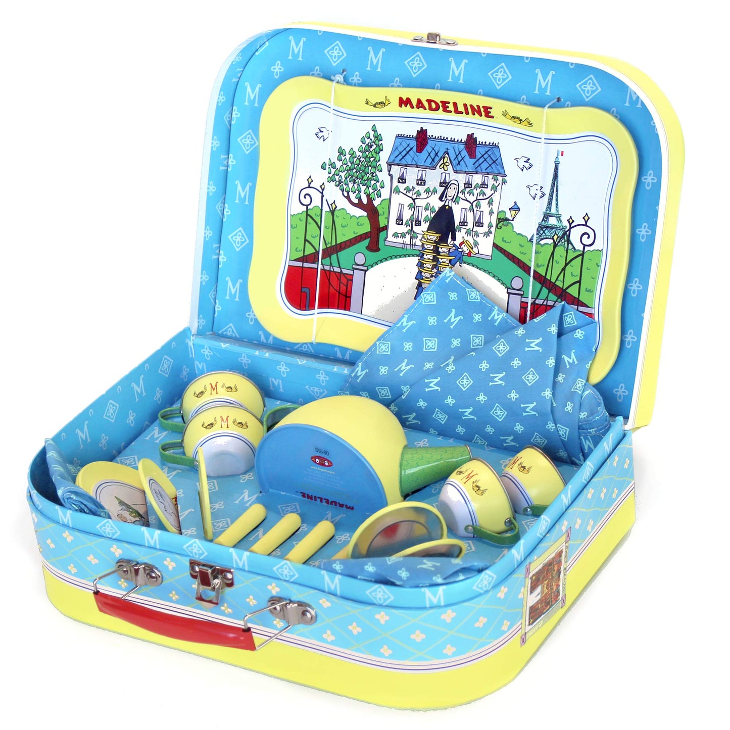 YOTTOY 23-Piece Madeline Tin Tea Set Toy, Plush Carry Case, Blue, Model 560