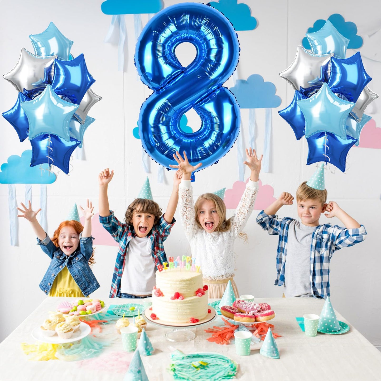 Big Foil 8 Balloon, 40 Inch Dark Teal Blue Self Inflating Number 8 Balloons For Kids 8Th Birthday, Silver Light Royal Blue Globo