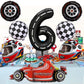 Stcomart 8 Pcs Race Car Party Decorations, Black Number 6 Balloon Checkered Balloons Tire Balloons For Boys 6Th Birthday