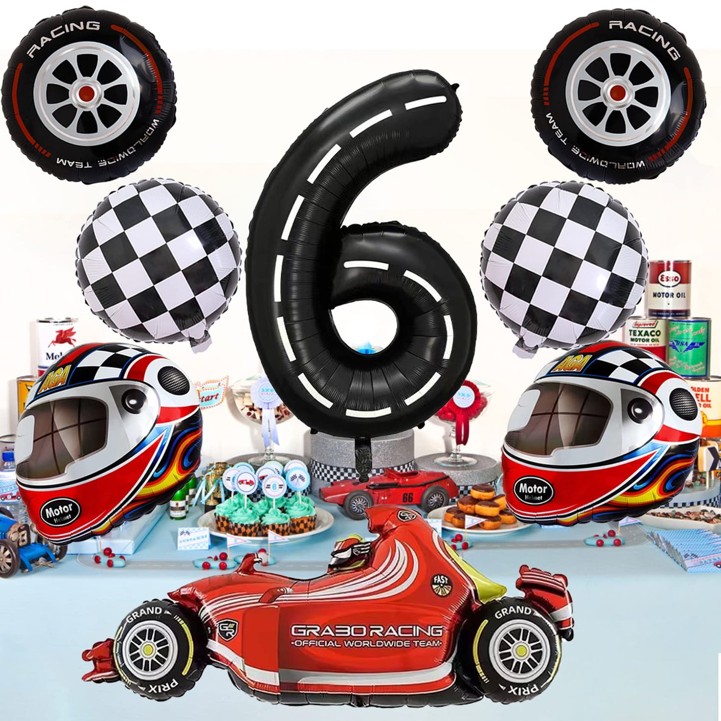 Stcomart 8 Pcs Race Car Party Decorations, Black Number 6 Balloon Checkered Balloons Tire Balloons For Boys 6Th Birthday