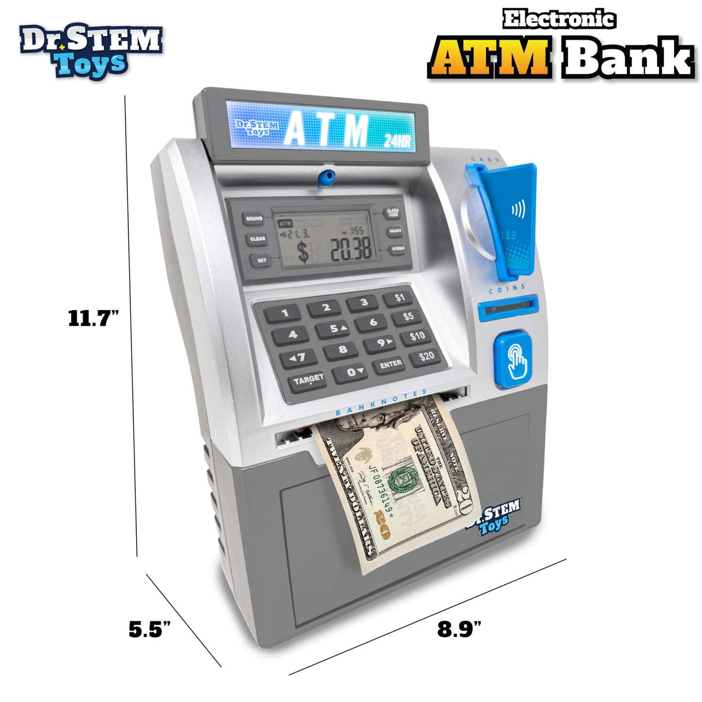Dr. STEM Toys Kids ATM Savings Bank - Electronic Piggy Bank, Coin Counter, LCD, Medium, Gray, Model D100