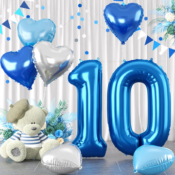 Biapian 40 Inch Blue Number 10 Balloons, 8Pcs Large Foil Number 1 & 0 Balloons With 18'' Blue Silver Heart Shape Balloon For 10T
