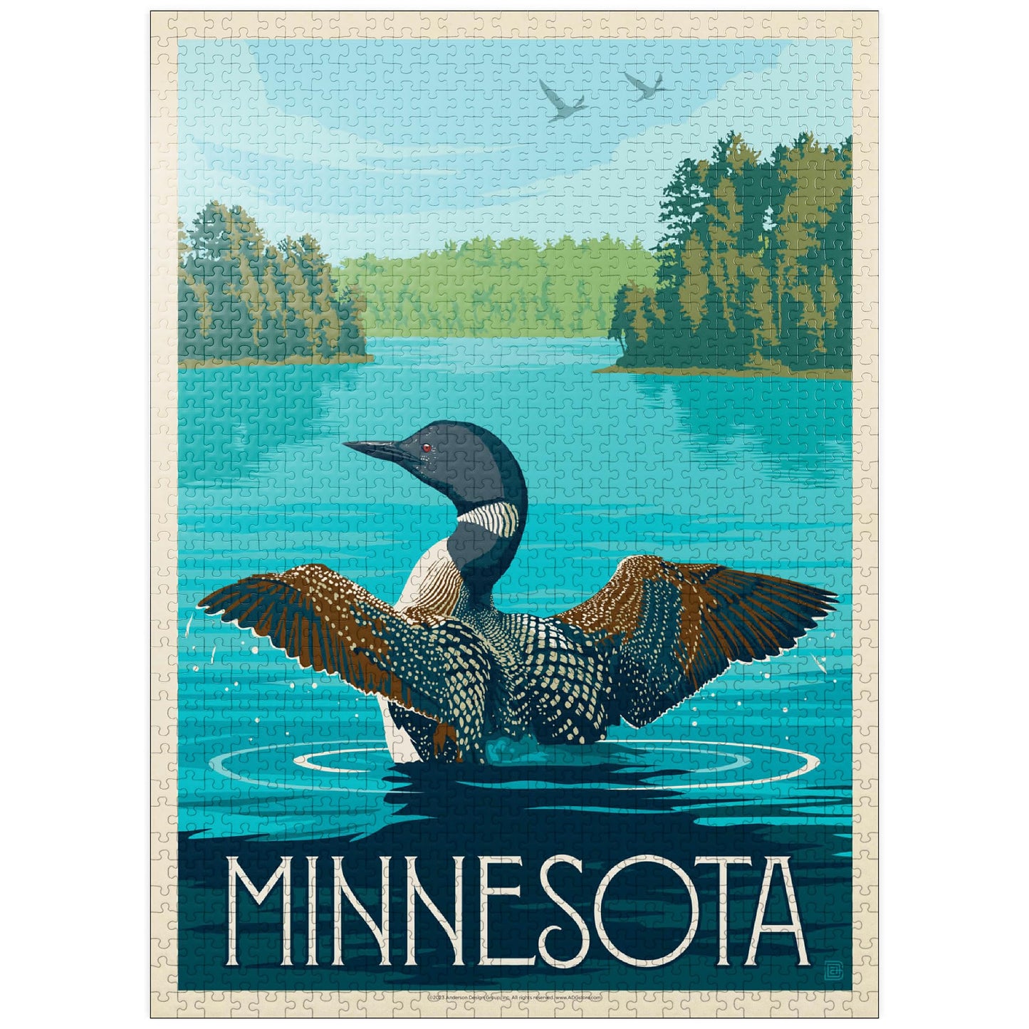 MyPuzzle Minnesota: Loon  Vintage Poster - enhanced 1000 Piece Jigsaw Puzzle for mature-themeds