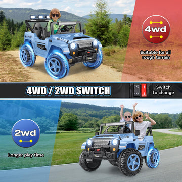 Hikole 2 Seater Xl Ride On Cars For Kids - 24V Electric Car With 20 Inch Wide Seat, 4Wd/2Wd Switch, Remote Control, Led Lights, Music Player, Battery Powered Jeeps Car For Kids, Blue-Gray