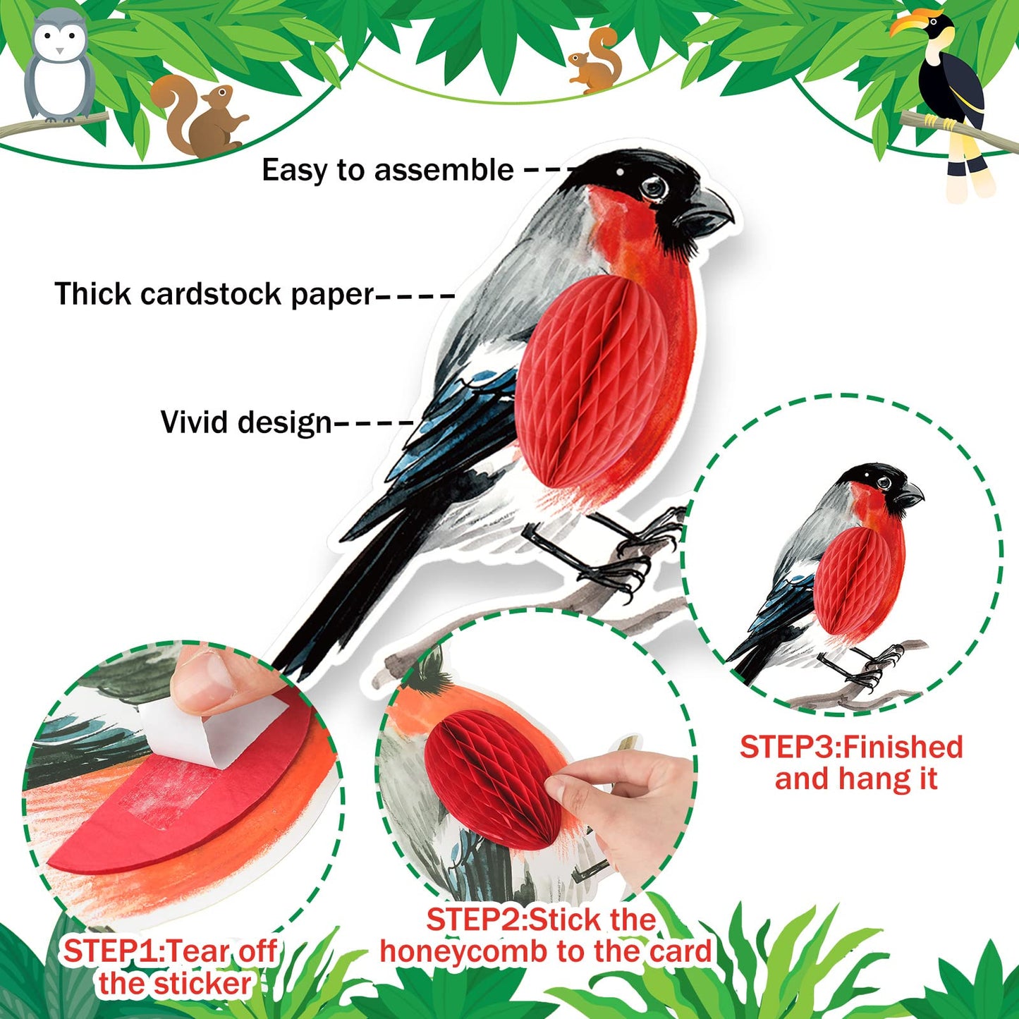 PerKoop 10 Pcs Bird Party Decorations Tropical Bird Honeycomb Paper Cutouts Jungle Rainforest Theme Hanging Parrot Bird Birthday
