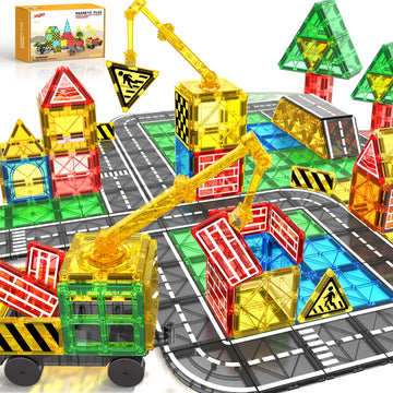Magnetic Tiles Road Building Blocks - Magnet Crane Car Set For Kids Ages 3-5 4-8 5-7 Preschool City Construction Kids Games Dino