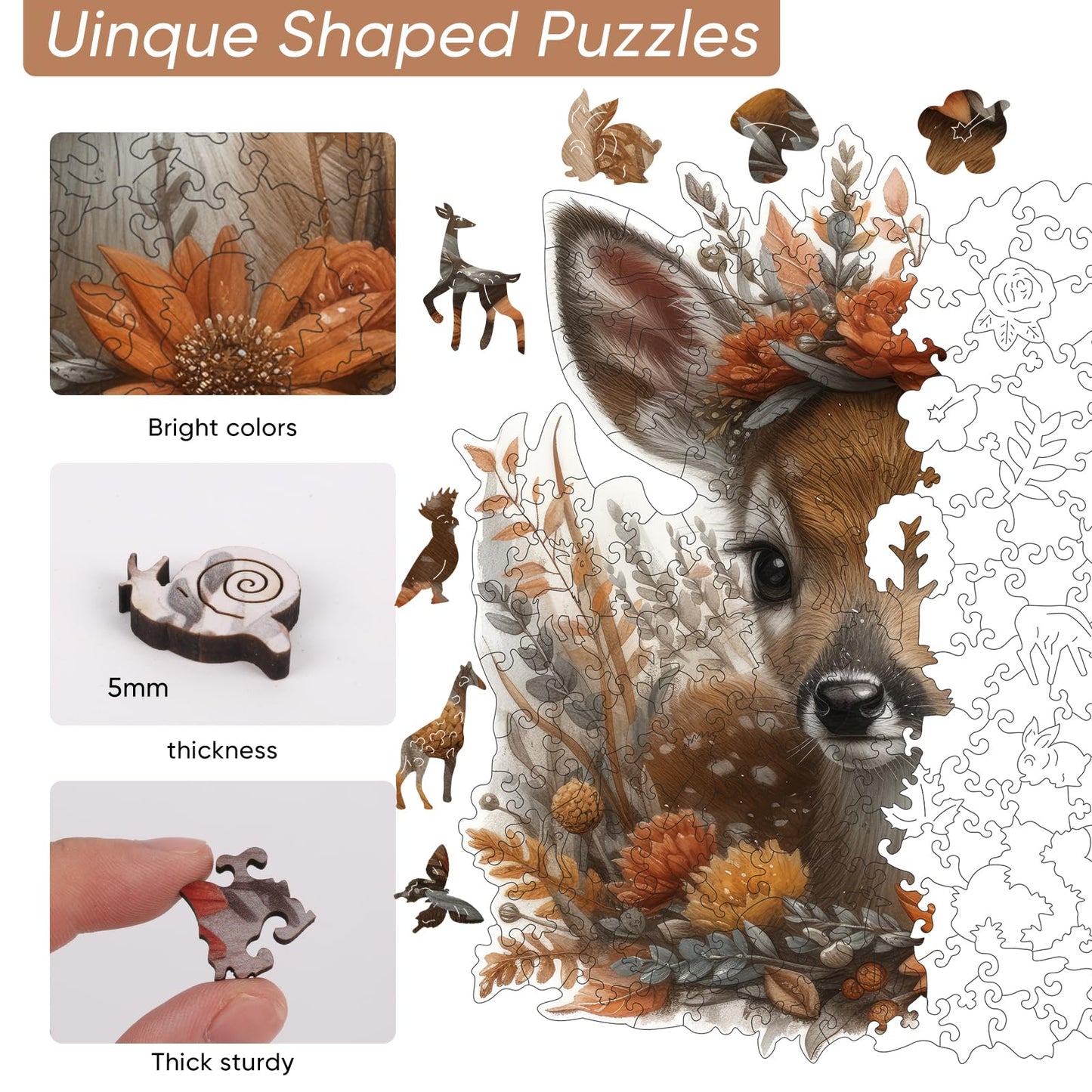 Ruikiyart Wooden Puzzles for mature-themeds Cute Deer Wooden Jigsaw Puzzles 500Pcs Unique Animal Shape mature-themed Puzzles Fabulous Gift for Kids and mature-themeds on Birthday Thanksgiving Christmas 16.7x16.9 Inches