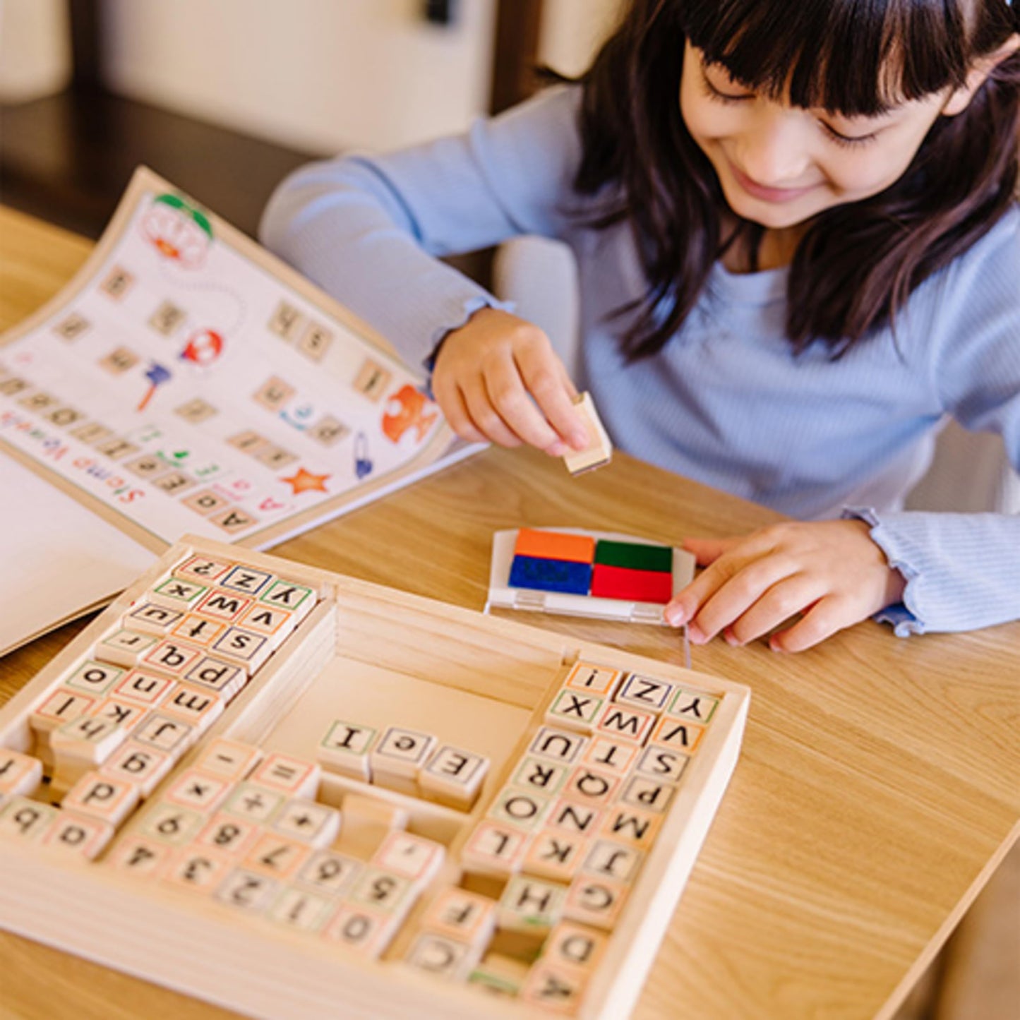Melissa & Doug Deluxe Letters and Numbers Wooden Stamp Set ABCs 123s With Activity Book, 4-Color Stamp Pad ABC Stamps, Kids Arts