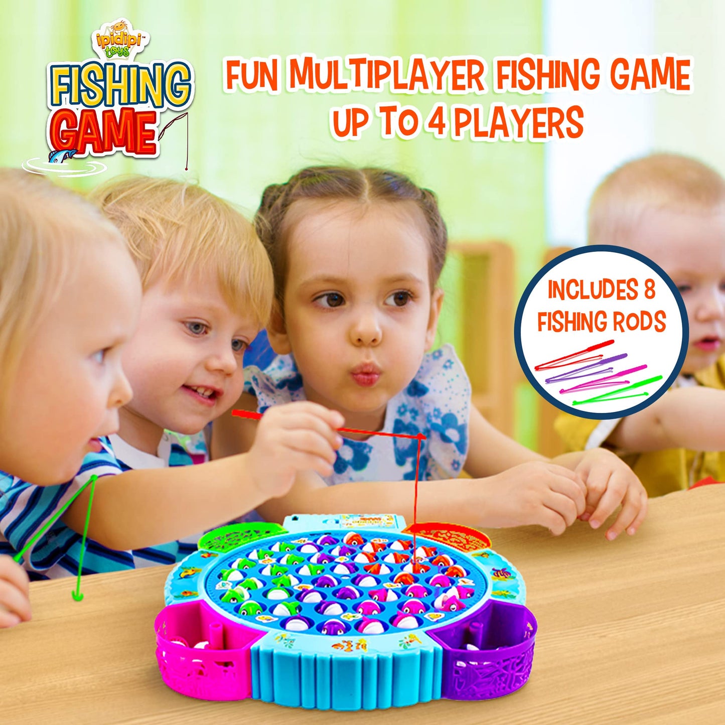 IPIDIPI TOYS Fishing Game for Kids - Magnetic 45 Fish, 8 Poles, Rotating Board, Educational, Fine Motor Skills, Model FG001M