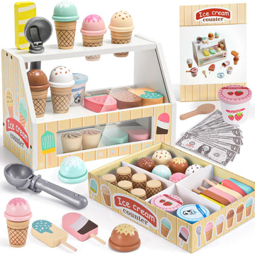 Toyssa Wooden Ice Cream Toys Kids Pretend Play Store Toys for Toddlers Girls 3 4 5 6, Wooden Food Christmas Birthday Gifts Play 