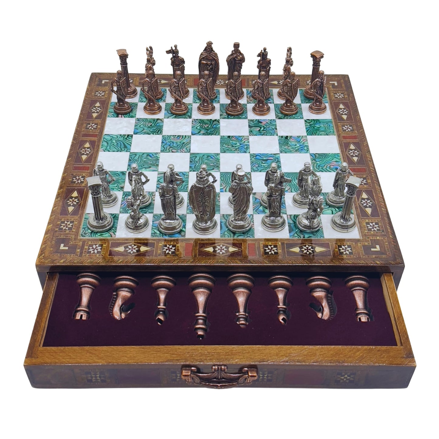15 Handmade Chess Set With British Army Metal Chess Pieces, Luxury Storage Chess Board, For All Ages, Ideal For Father, (Green)