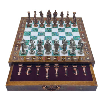 15 Handmade Chess Set With British Army Metal Chess Pieces, Luxury Storage Chess Board, For All Ages, Ideal For Father, (Green)