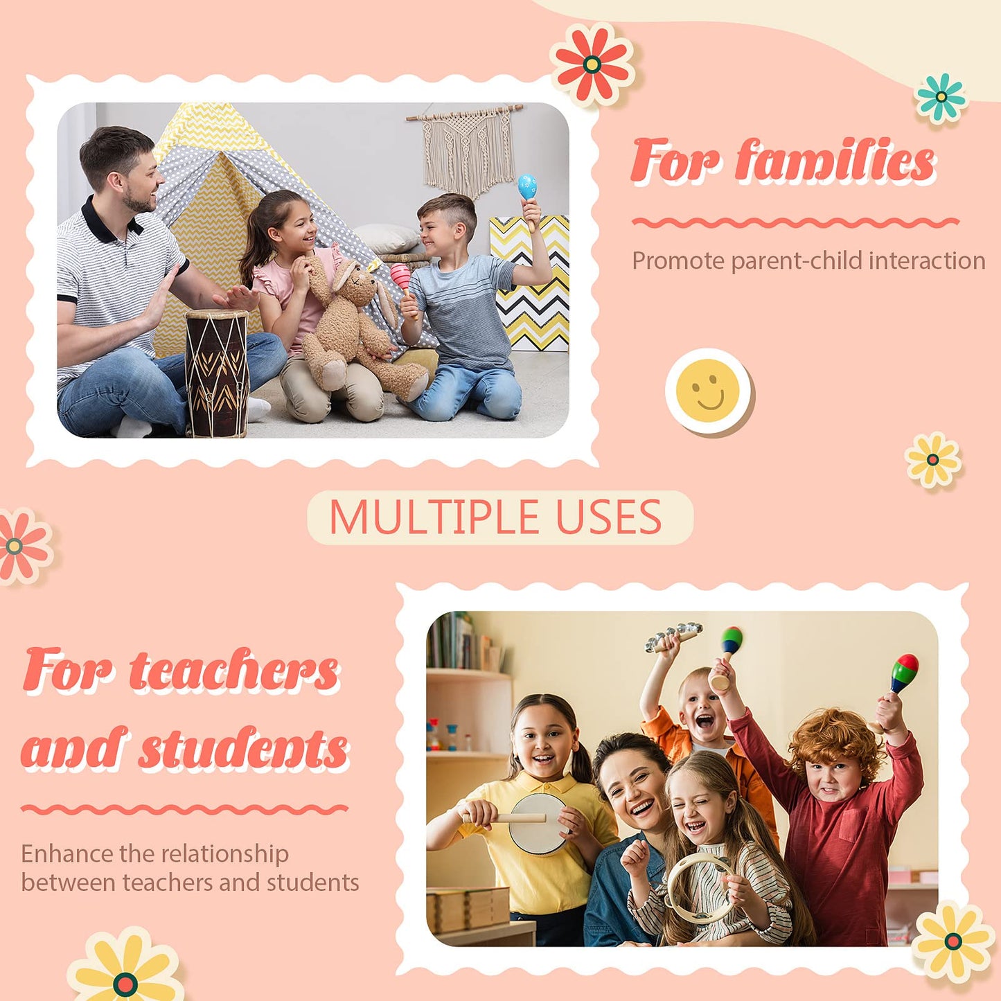 Leitee 6 Pcs DIY Mini Wooden Maracas Rattles Egg Shaker Kids Musical Party Favor Baby Shaker Sand Hammer Toy, Assorted Designs,
