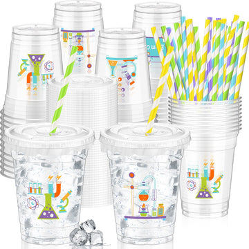 Foldtier 50 Pcs Science Cups 12 Oz Disposable Plastic Cups With Straws And Lids Science Clear Cup Birthday Cups Supplies Birthda