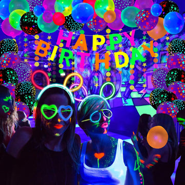 LKITMIUT 173 Pack Glow Neon Party Supplies - Glow Sticks, Fluorescent Banner, Neon Garlands, Balloons & Tablecloth for Black Light Decor