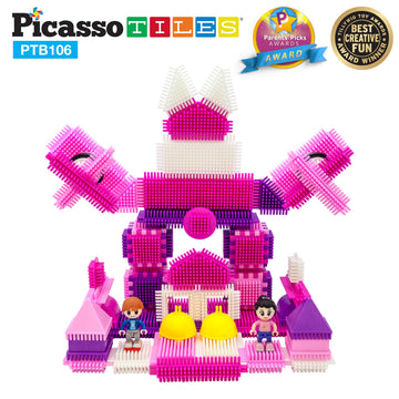 Picasso Toys Ptb106 106Pcs Hedgehog Block Building Blocks Tiles Pink Castle Theme Set W/Human Figures Learning Playset Stem Toy