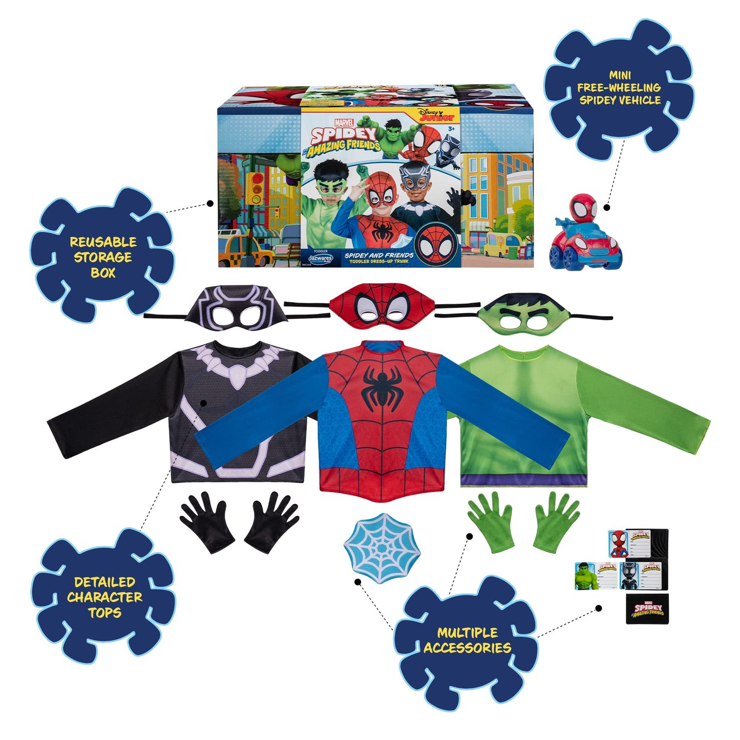 Marvel Spidey Friends Child Halloween Costume Dress-Up Box - Three Sets Of Tops, Gloves, And Plastic Masks (3-4T) Multi