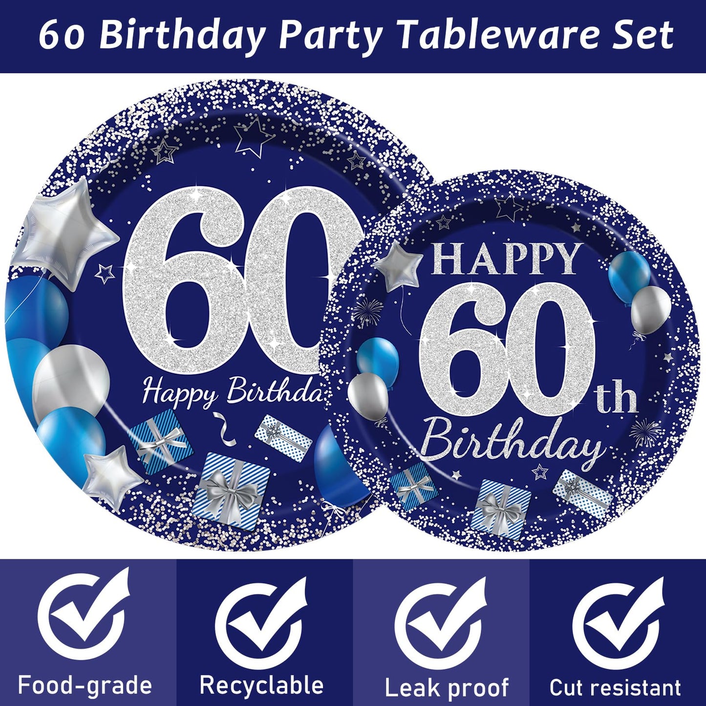 96 Pcs 60Th Birthday Party Supplies Navy Blue And Silver Birthday Plates 60Th Birthday Paper Tableware Happy Birthday Party Plat